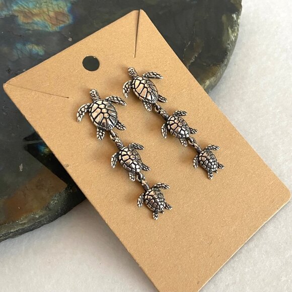 VTG Kabana Sterling Silver 925 Dimensional Sea Turtle Trio Dangle Drop Earrings - Picture 2 of 16